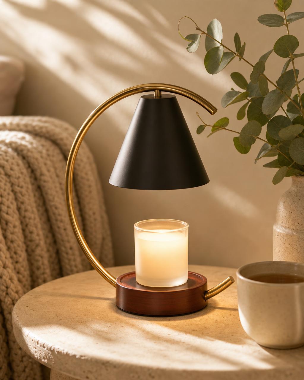 Candle warmer lamp melting a candle on a travertine table