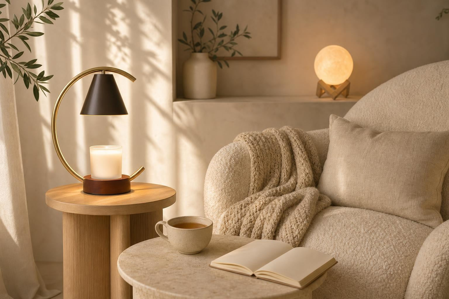 A cozy reading nook with warm lamps, tea and a knit throw