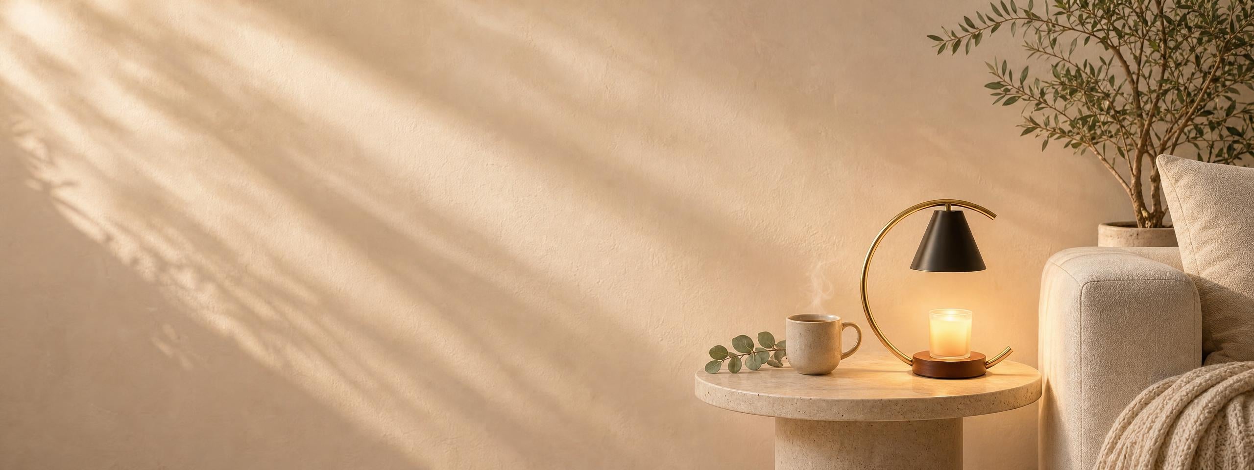 Candle warmer lamp glowing on a travertine side table in a sunlit living room